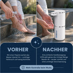 Vorher-Nachher-Vergleich des Kiflik Wudu-Spenders: links unkontrolliertes Wasser aus einer Flasche, rechts saubere, dosierte Wasserabgabe des Geräts über Hände und Füße