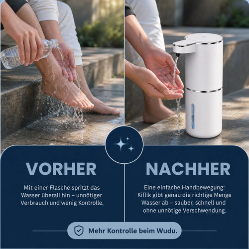 Vorher-Nachher-Vergleich des Kiflik Wudu-Spenders: links unkontrolliertes Wasser aus einer Flasche, rechts saubere, dosierte Wasserabgabe des Geräts über Hände und Füße
