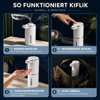 Vierstufige Anleitung für den Kiflik Wudu-Spender: Wasser einfüllen, Wassermenge per Knopfdruck wählen, Hand berührungslos darunterhalten und überall nutzen