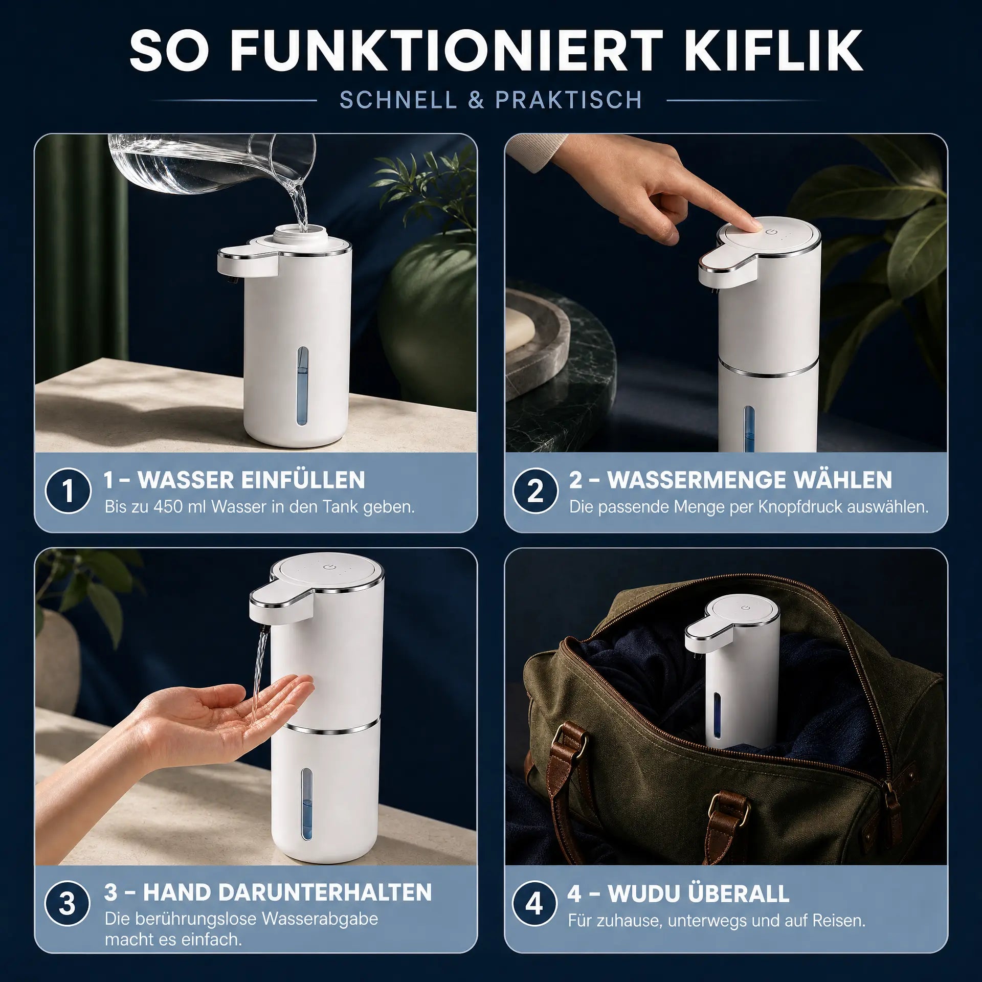 Vierstufige Anleitung für den Kiflik Wudu-Spender: Wasser einfüllen, Wassermenge per Knopfdruck wählen, Hand berührungslos darunterhalten und überall nutzen