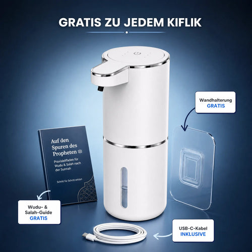 Kiflik Wudu-Spender in Weiß mit den kostenlosen Zugaben – Wandhalterung, USB-C-Ladekabel und Wudu- und Salah-Guide – auf blauem Hintergrund