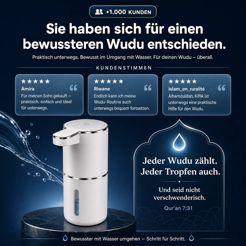 Kiflik Wudu-Spender auf einem Podest mit Wasserspritzern, umgeben von fünf-Sterne-Kundenstimmen und dem Hinweis auf über 1.000 Kunden