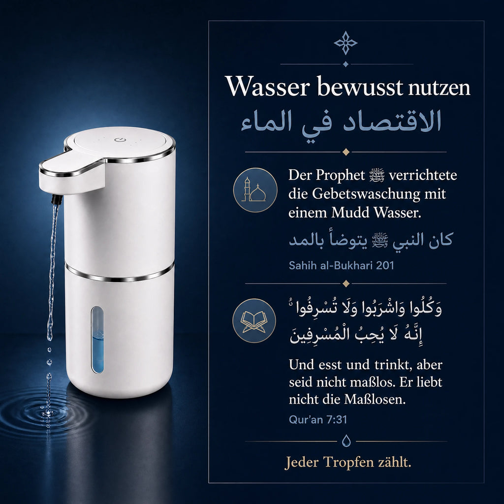 Kiflik Wudu-Spender in Weiß mit Wasserstrahl auf dunkelblauem Hintergrund, daneben deutsch-arabische Zitate zum bewussten Umgang mit Wasser