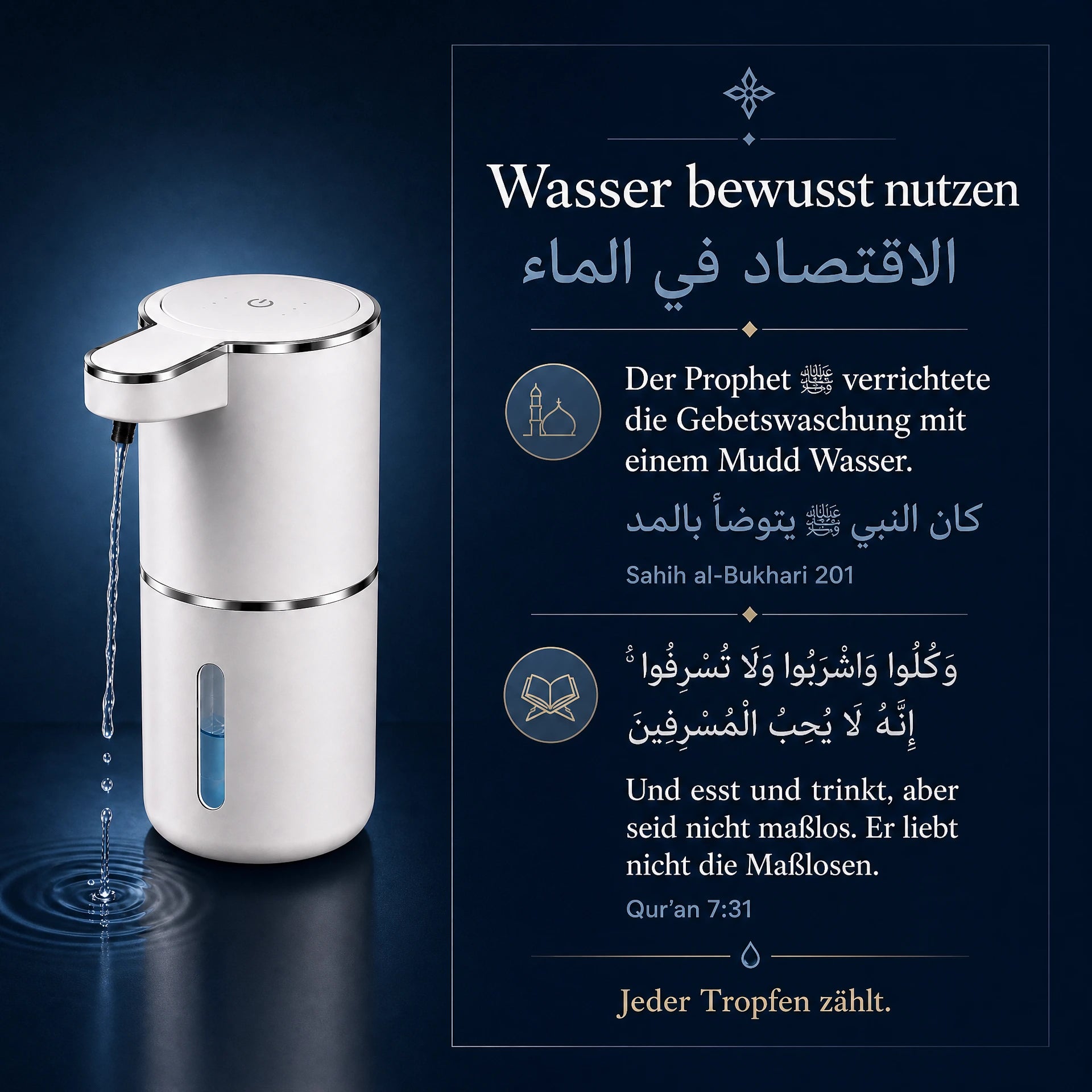 Kiflik Wudu-Spender in Weiß mit Wasserstrahl auf dunkelblauem Hintergrund, daneben deutsch-arabische Zitate zum bewussten Umgang mit Wasser